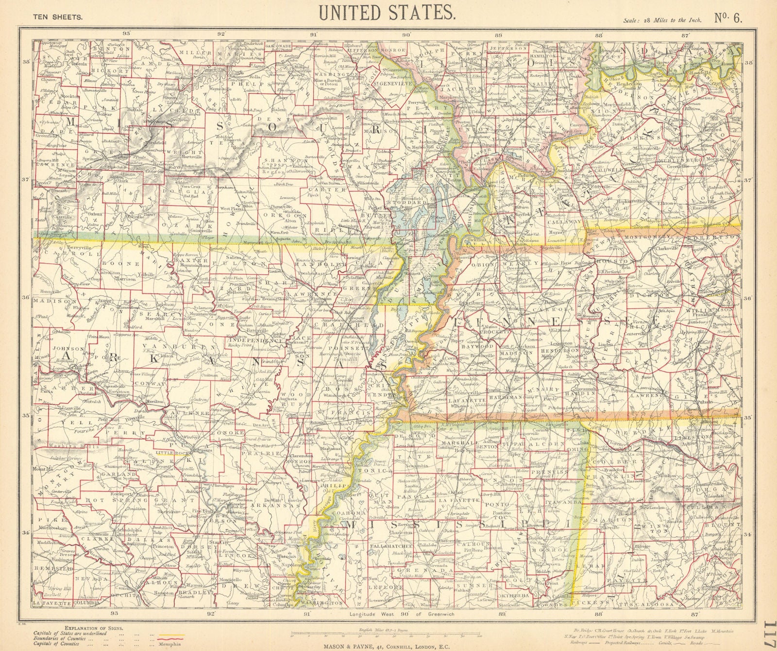 SOUTHEASTERN USA. Arkansas Tennessee Missouri MS KY AL Railroads. LETTS 1892 map